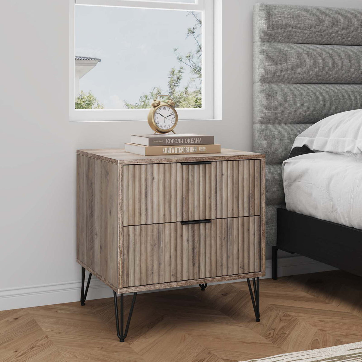 Manhattan Dumbo - Fluted 2-Drawer Nightstand With Rustic Gray Frame