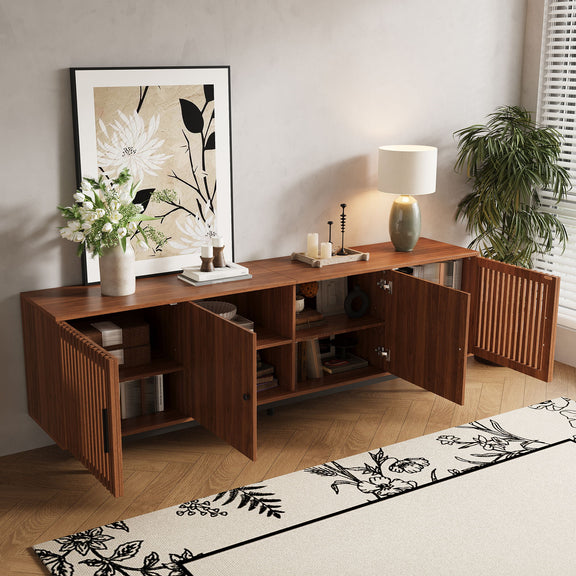 Walnut media console with open shelves and slatted doors on both ends.