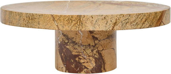 Round genuine marble tray with tan top and brown veined pedestal base, side view