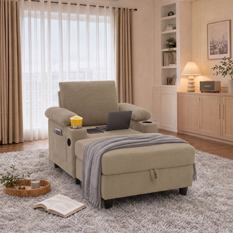 Accent Chair With Storage Ottoman, Reclining Single Chaise Lounge With Cupholders And USB, C Ports