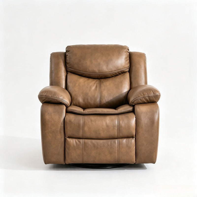 Light brown rocker recliner chair with cushioned headrest and armrests