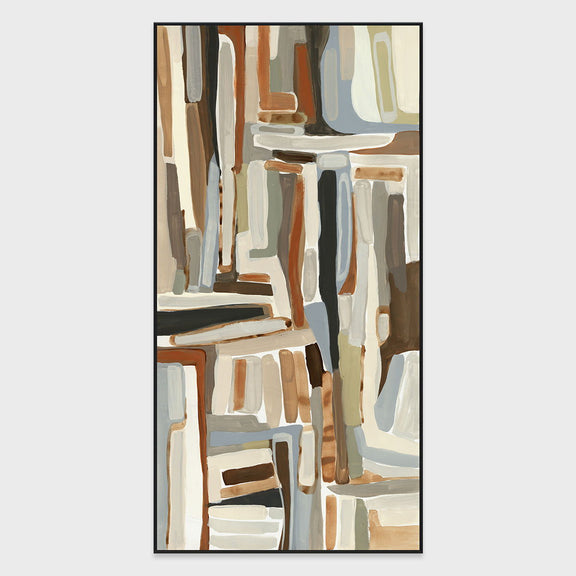 Framed abstract wall painting featuring tall columns in blue, gray, and tan