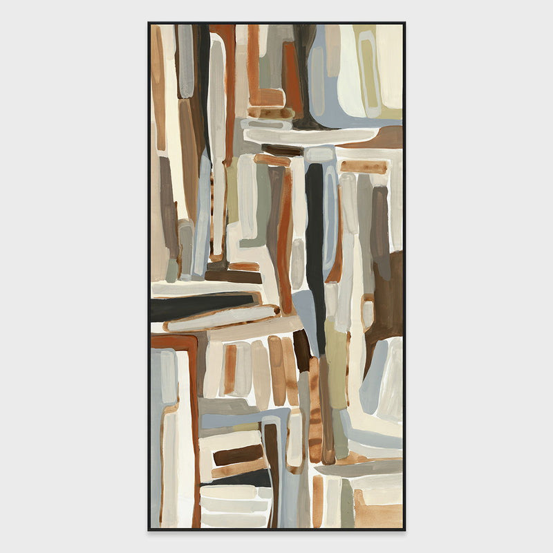 Framed abstract wall painting featuring tall columns in blue, gray, and tan