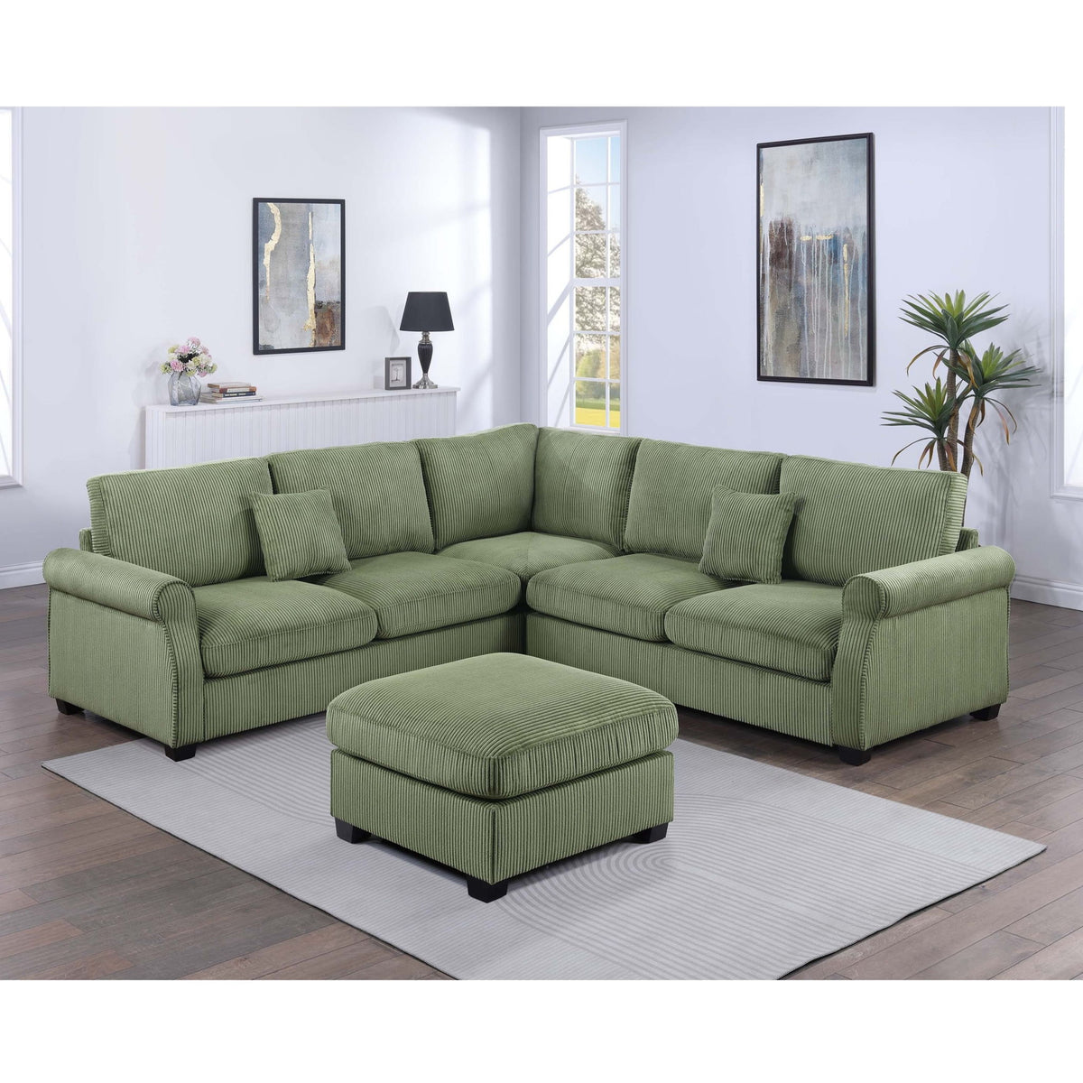 Sage green corner sectional sofa with cushioned seat backs and matching ottoman