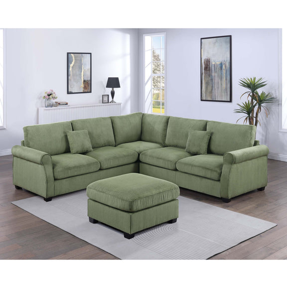 Sage green corner sectional sofa with cushioned seat backs and matching ottoman
