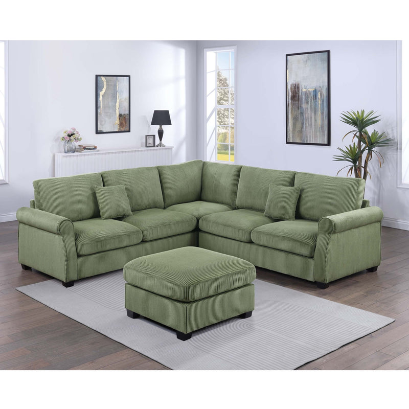 Sage green corner sectional sofa with cushioned seat backs and matching ottoman