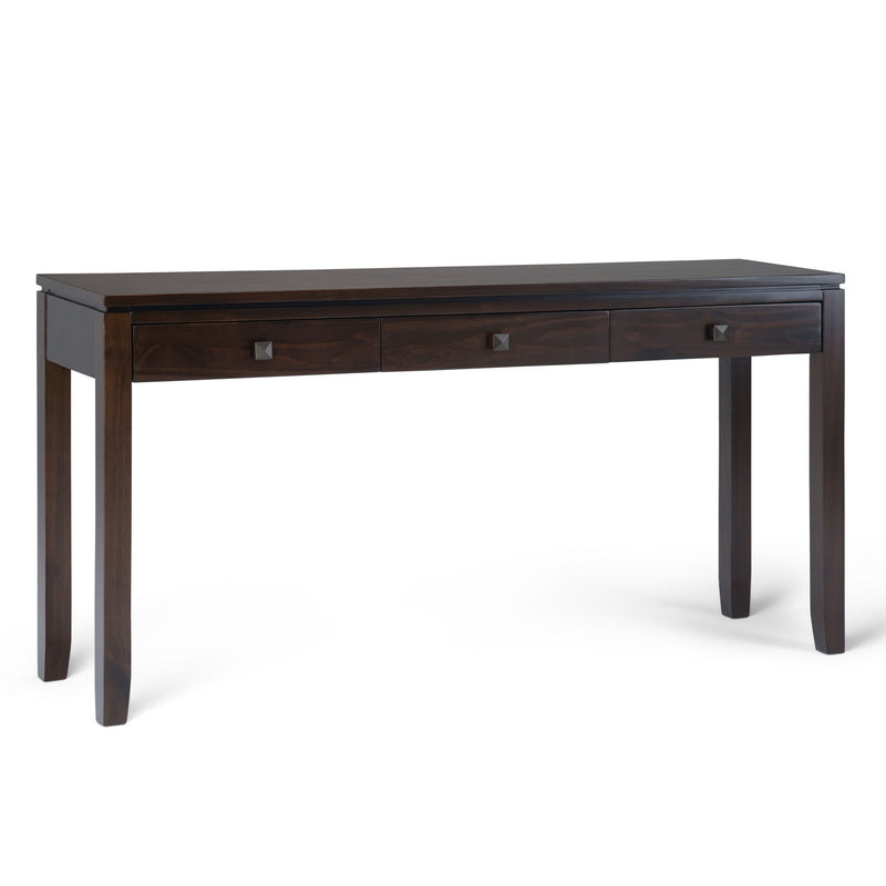 Mahogany brown console sofa table with three drawer fronts and tapered legs