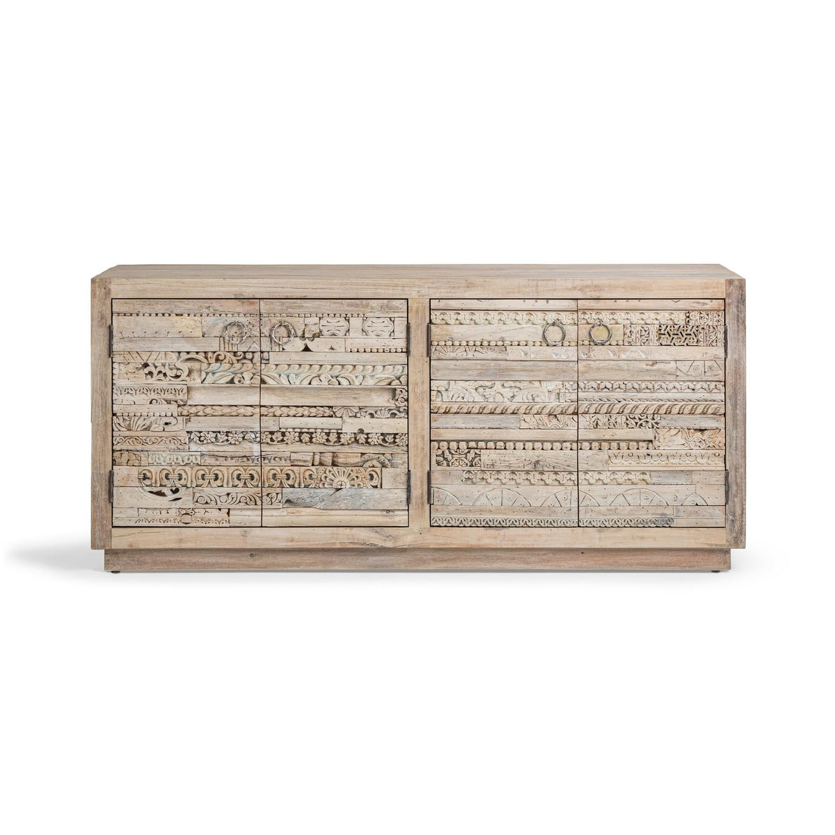 Carved panel sideboard with two upper and two lower drawers, carved front panels.