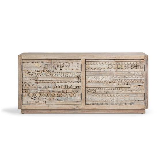 Carved panel sideboard with two upper and two lower drawers, carved front panels.