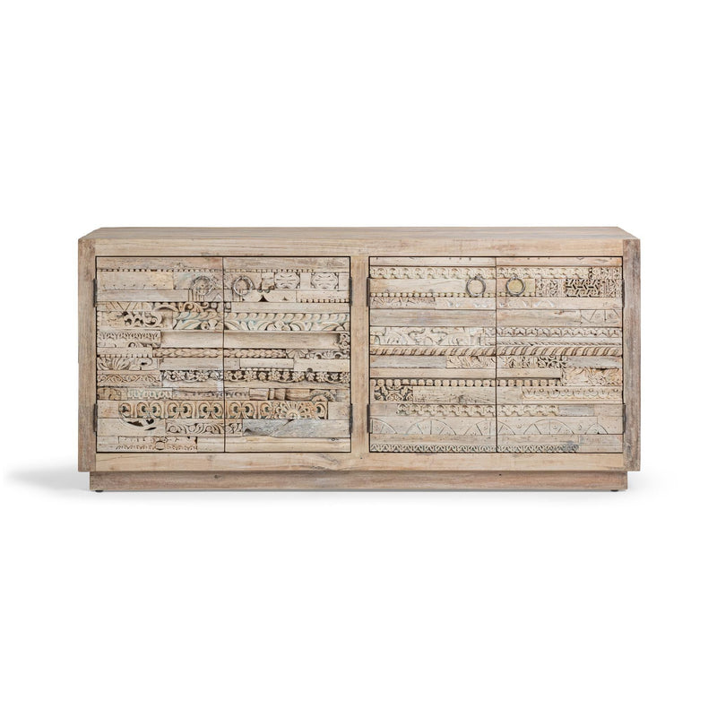 Carved panel sideboard with two upper and two lower drawers, carved front panels.