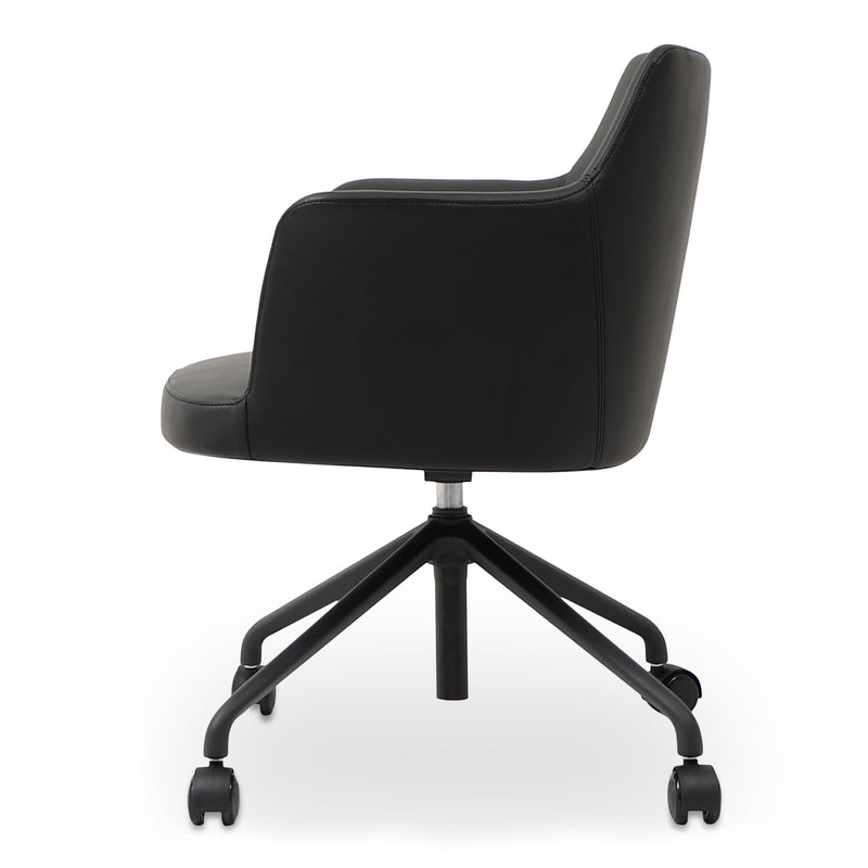 Black PVC office swivel chair with tall curved back, cushioned seat, and casters