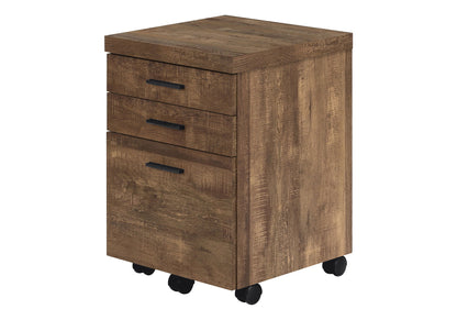 Light brown rolling file cabinet with three drawers and black pull handles on casters
