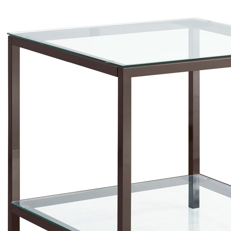 Square side end table with glass top, clear lower shelf, and dark metal legs.