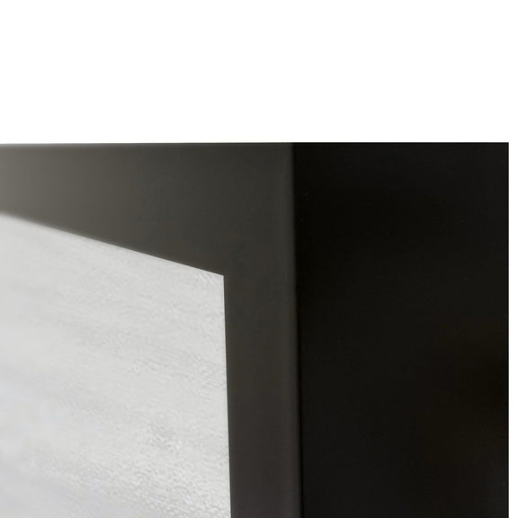 Framed painting corner with black border and light textured canvas surface