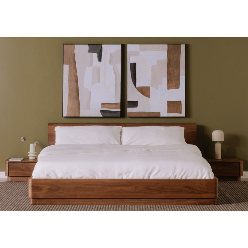 Natural walnut queen bed with panel headboard, platform base, and white bedding