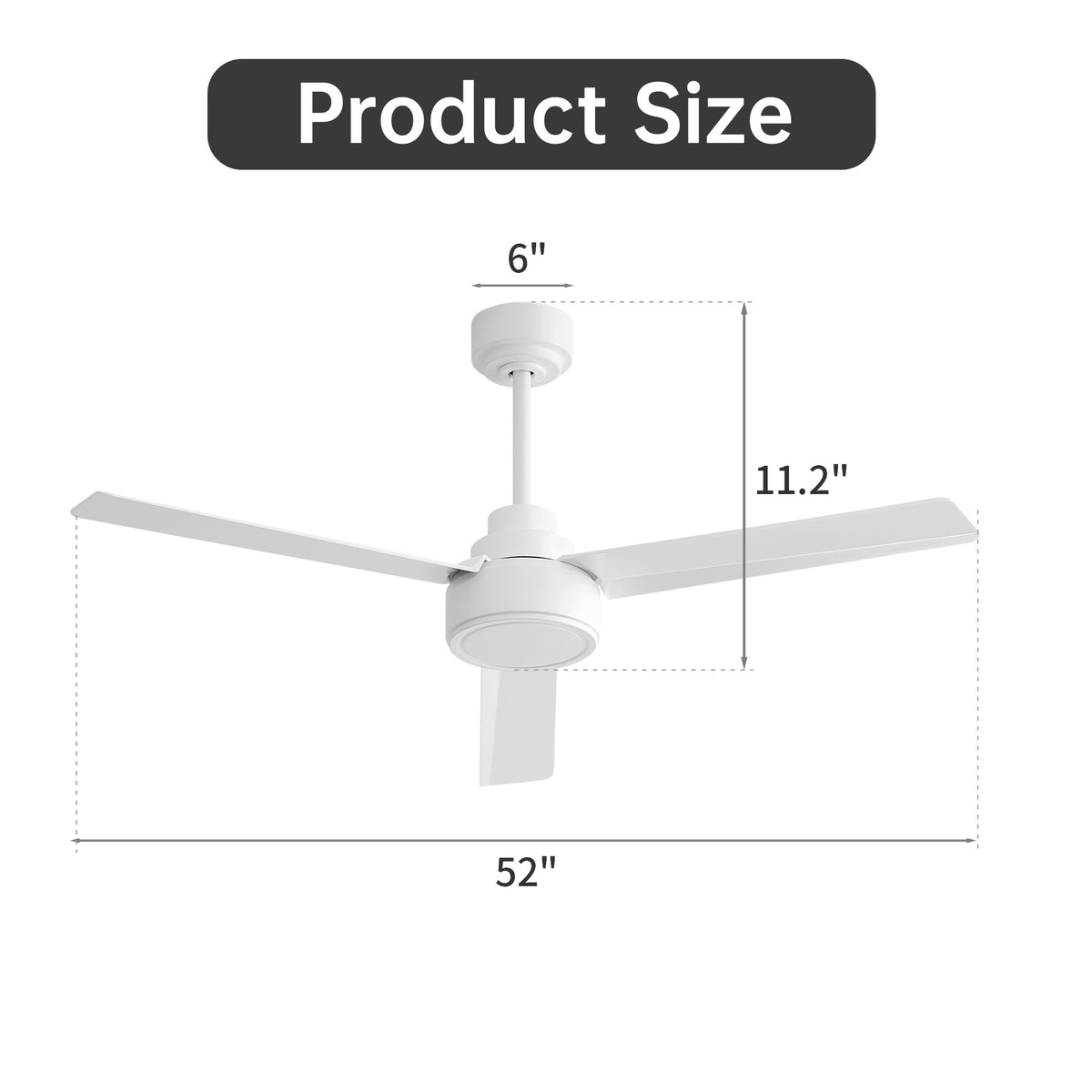 52" Ceiling Fan With Remote Control, 3 Blades, DC Motor, 6 Speed Reversible For Living Room - White