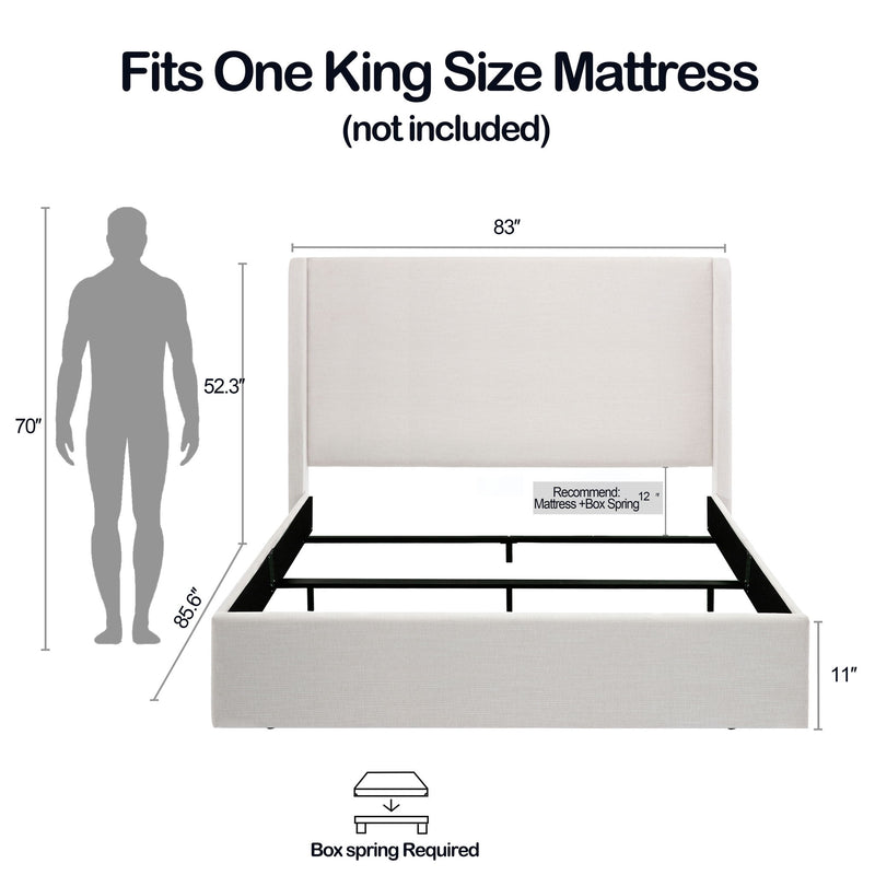 Ivory upholstered king bed with a high wingback headboard; fits a king mattress, box spring required