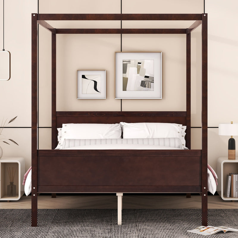 Dark brown canopy platform bed with upholstered headboard and slatted base