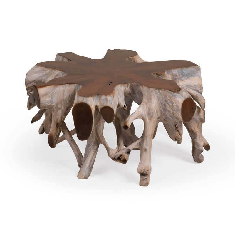 Rustic wood end table with dark brown slab top and carved root supports
