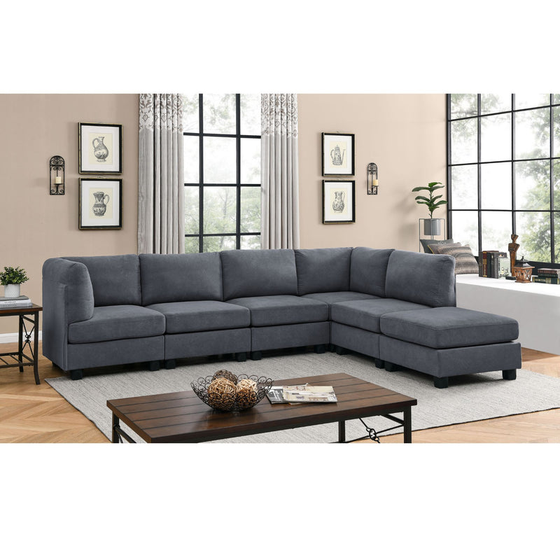 Dark gray upholstered modular sectional sofa with corner chaise and ottoman seats