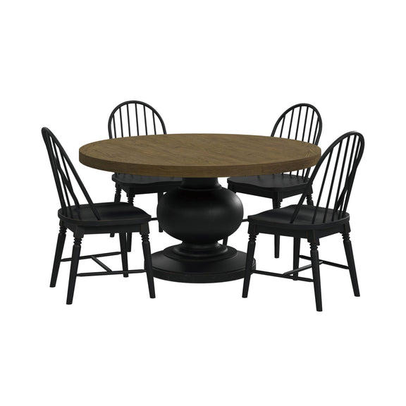 Standard-height dining table with 4 dark spindle-back chairs, round pedestal base