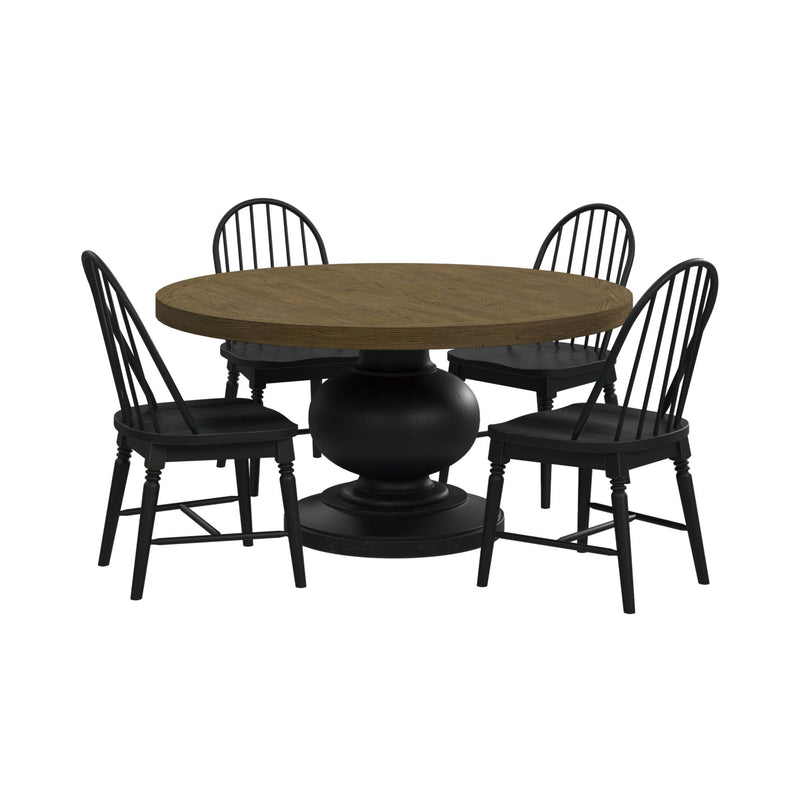 Standard-height dining table with 4 dark spindle-back chairs, round pedestal base