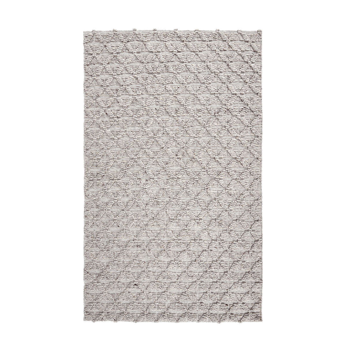 Light gray patterned area rug with textured grid-like motif and short pile.