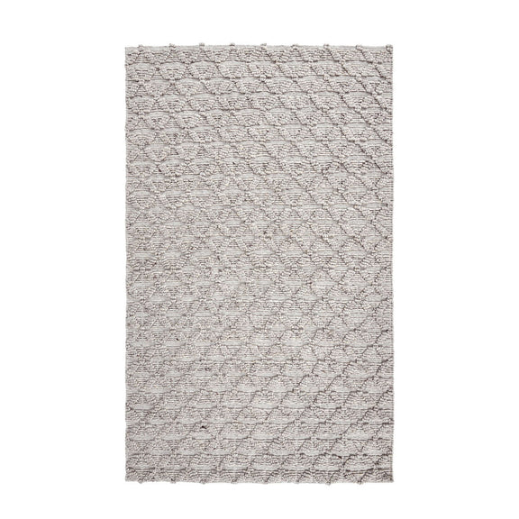 Light gray patterned area rug with textured grid-like motif and short pile.