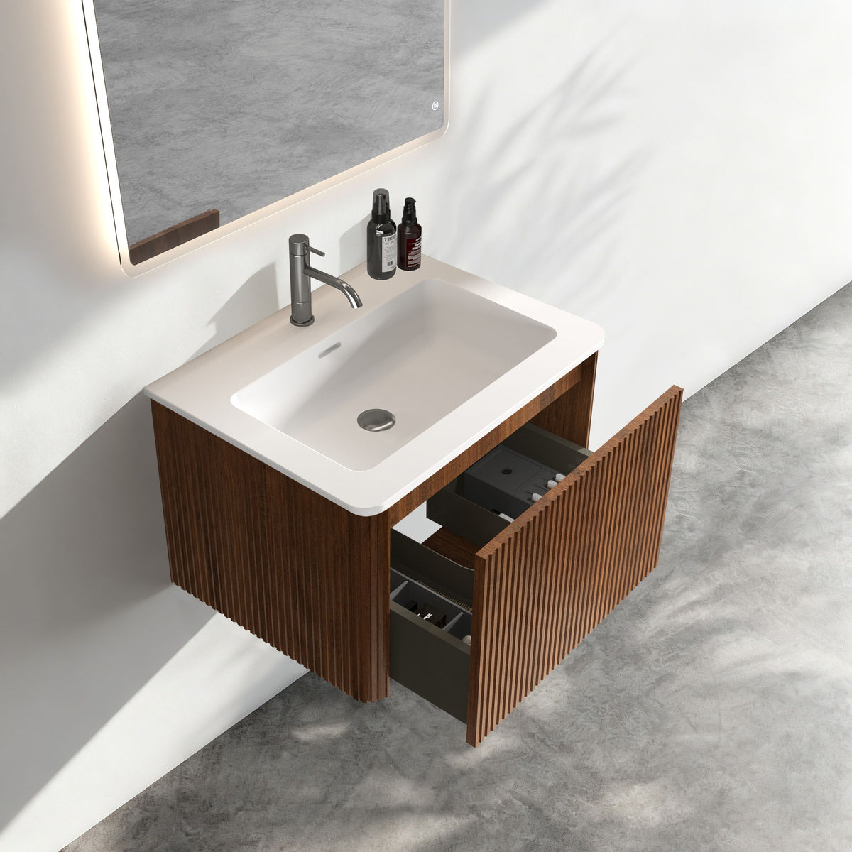 Striped bathroom vanity with ceramic sink and drawers, dark brown vertical wood slats