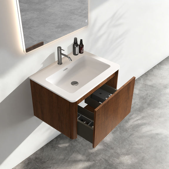 Striped bathroom vanity with ceramic sink and drawers, dark brown vertical wood slats