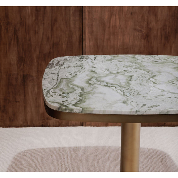 Round cafe table with green veined marble-look top and antique brass pedestal leg