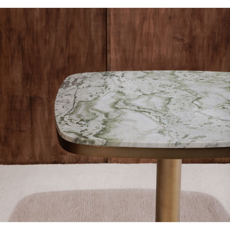 Round cafe table with green veined marble-look top and antique brass pedestal leg