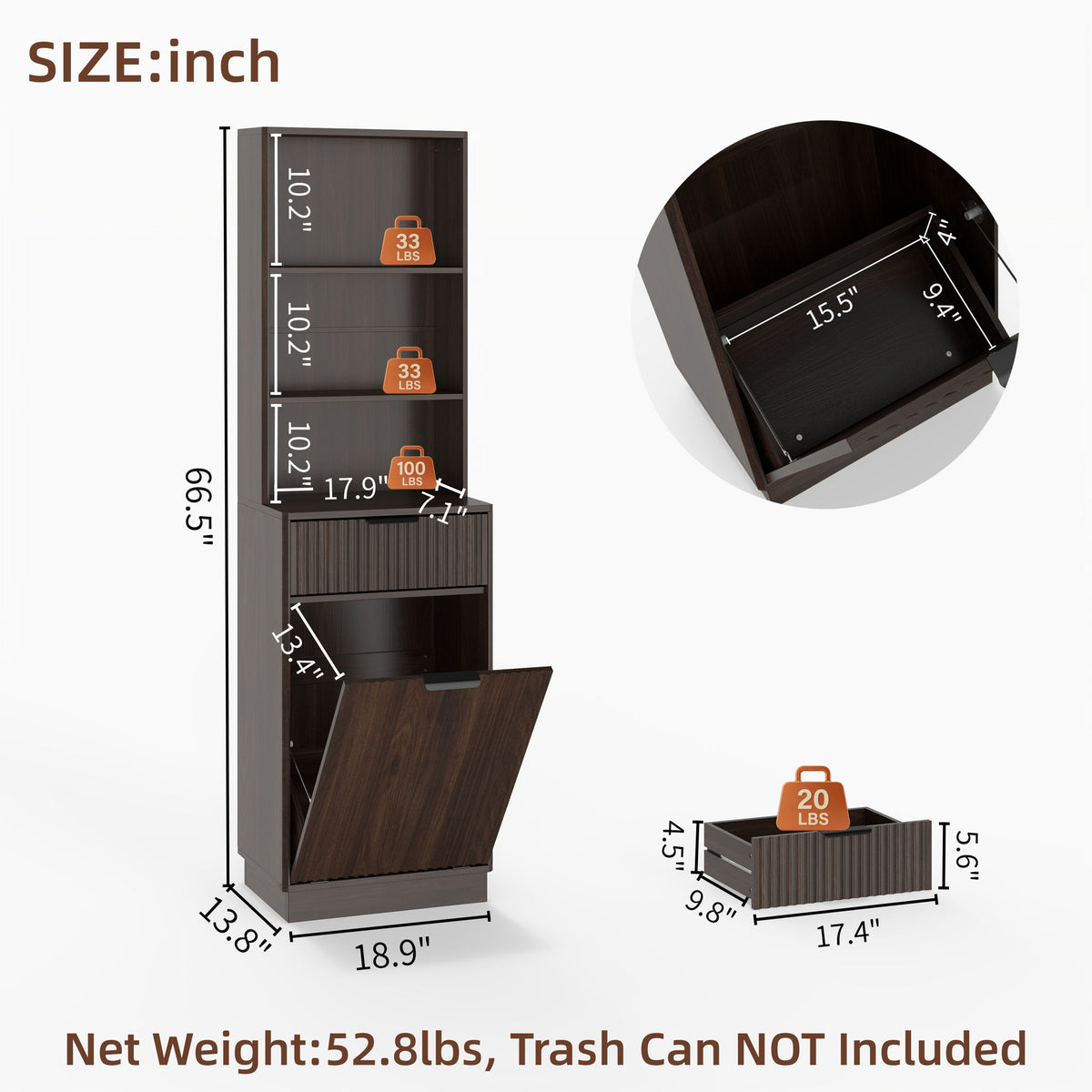 Dark brown fluted storage cabinet with open lower bin door and dimension measurements