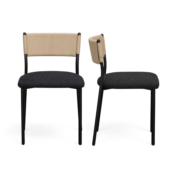 Boucle dining chair set of 2 with beige fabric back, dark gray seat, and black legs
