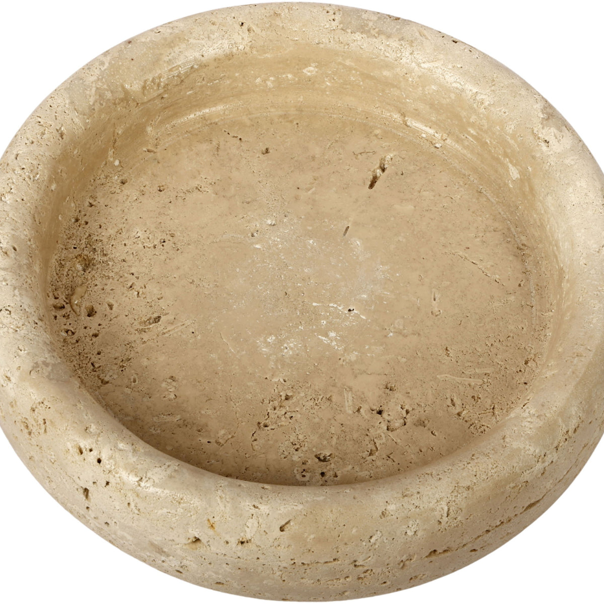 Beige genuine travertine tray with shallow round basin and natural mottled finish.