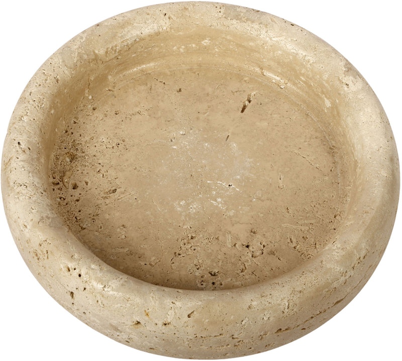 Beige genuine travertine tray with shallow round basin and natural mottled finish.