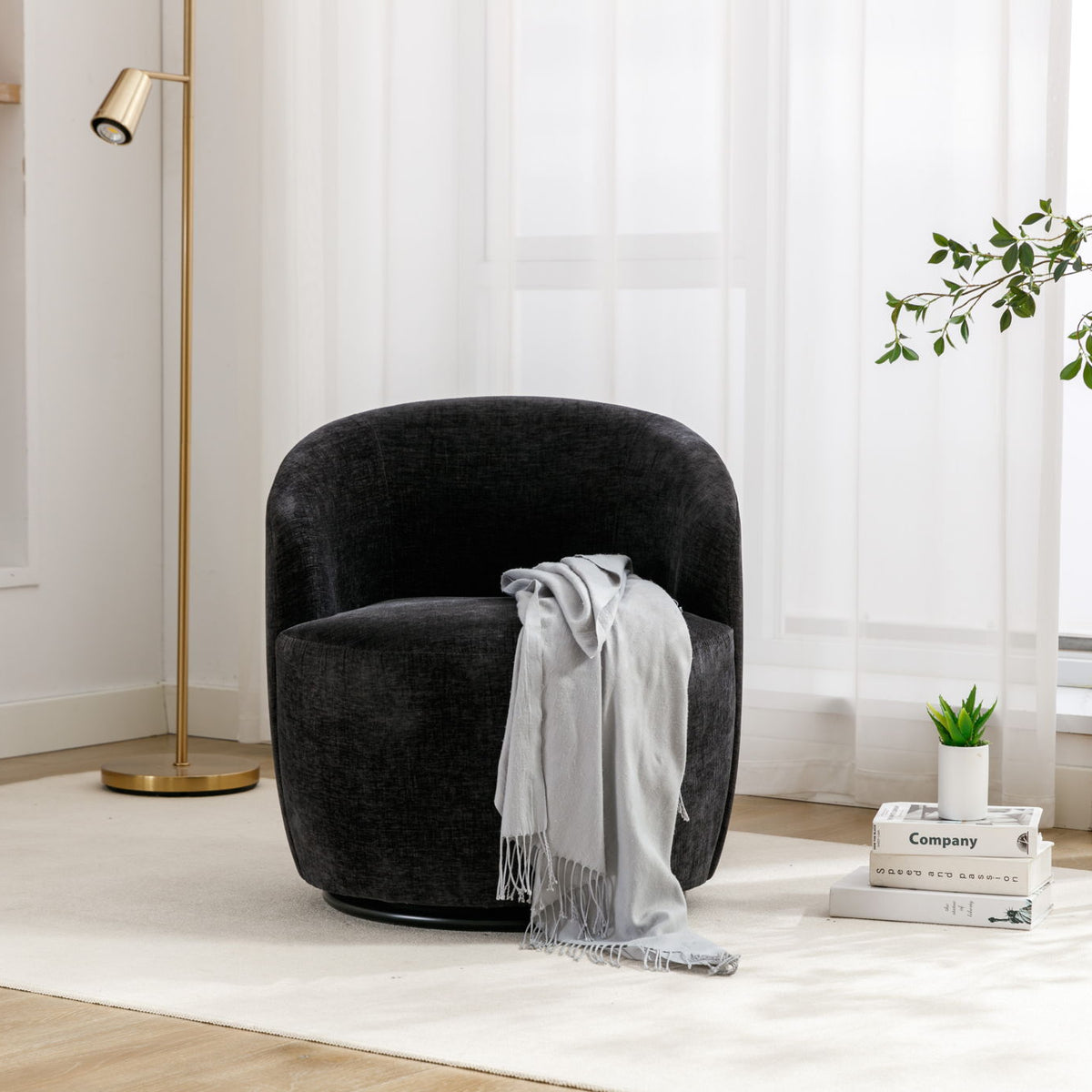 Chenille Fabric Swivel Accent Armchair Barrel Chair With Powder Coating Metal Ring