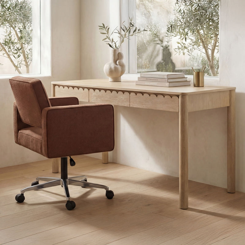 Burgundy upholstered office chair with armrests and swivel casters
