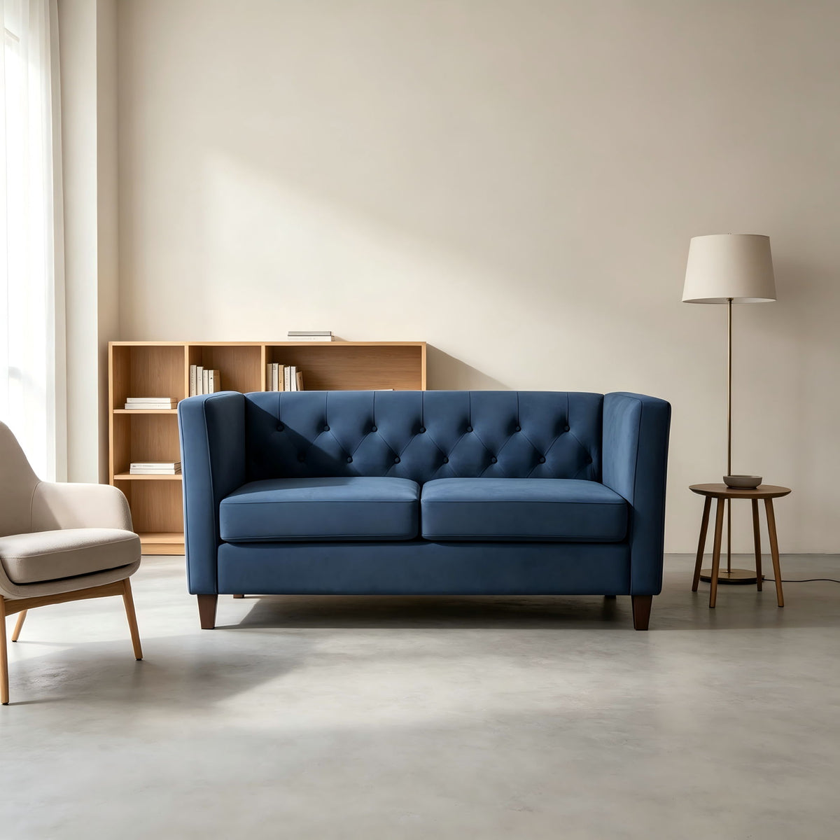 Blue button-tufted 2-seater loveseat with square arms and tufted back