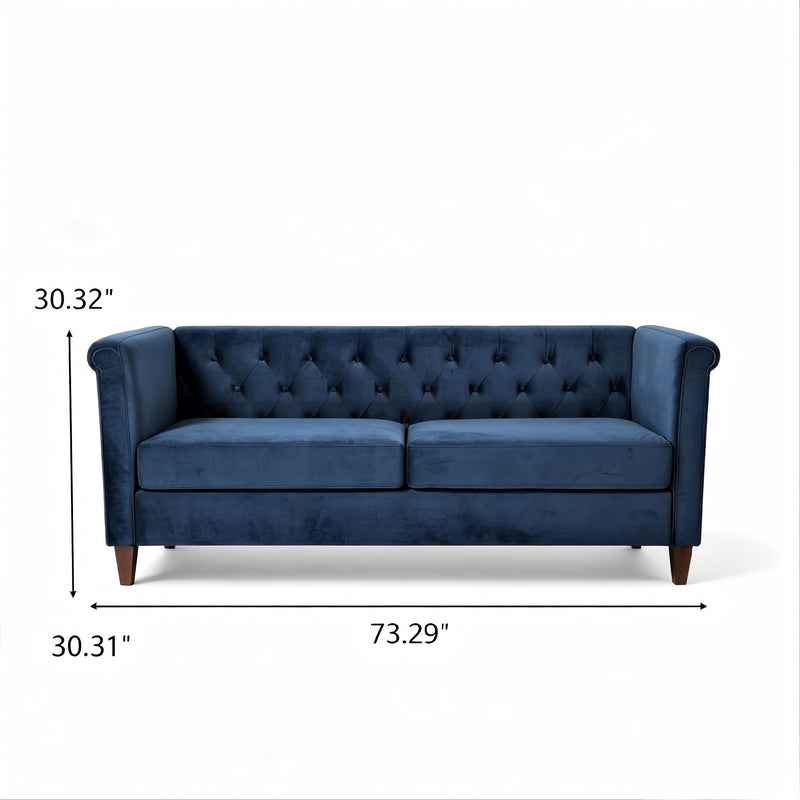 Blue button-tufted 3-seat sofa front view with rolled arms and dark wooden legs