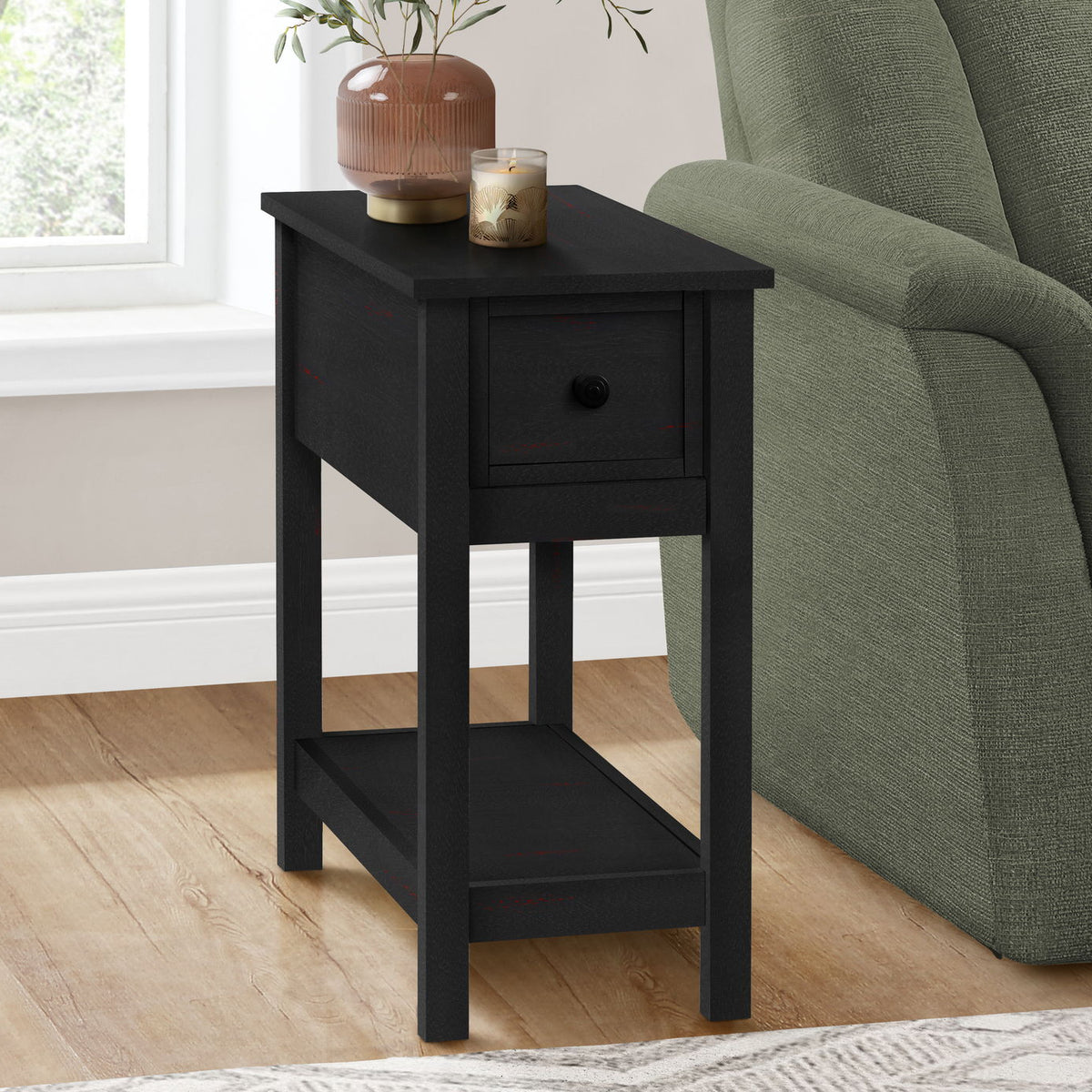 Accent End Table, 2 Tier, Narrow, Lamp, Storage Drawer, Charming Design