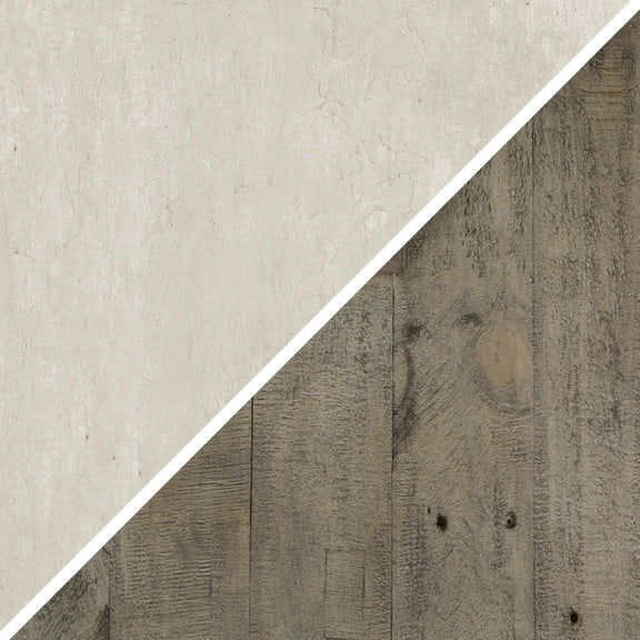 Close-up of distressed gray side panel and light chalk tabletop edge with wood grain
