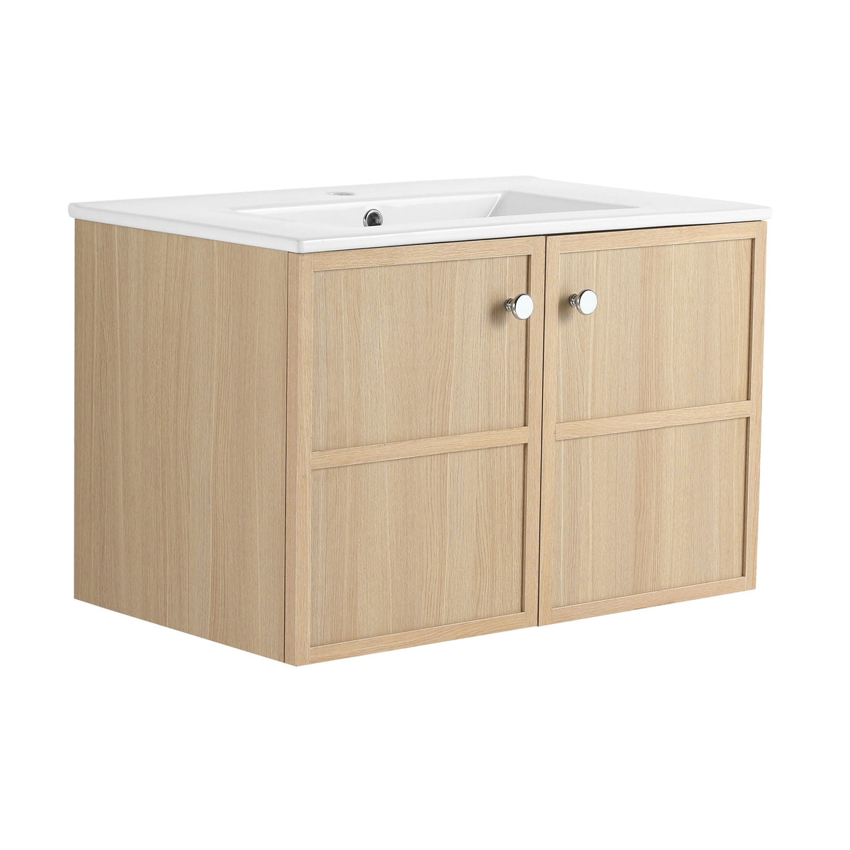 Wall-mounted bathroom vanity with light brown cabinet, white ceramic sink, two front doors
