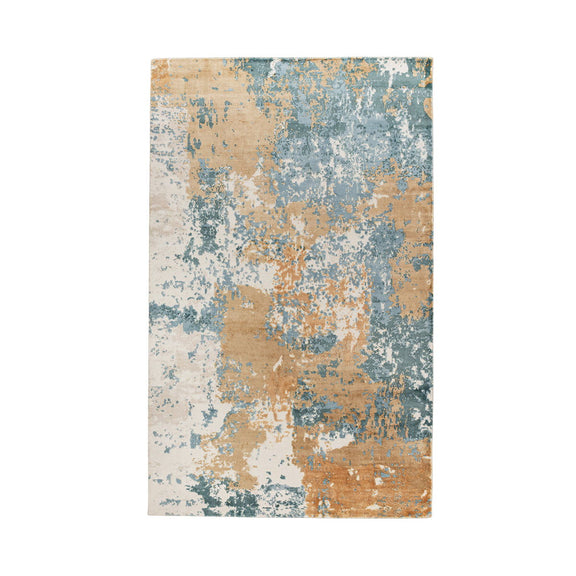 Rectangular rug with mineral blue, tan, and orange distressed abstract pattern.