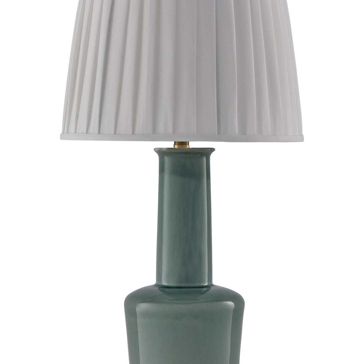 Teal ceramic table lamp with pleated white shade and gold trim