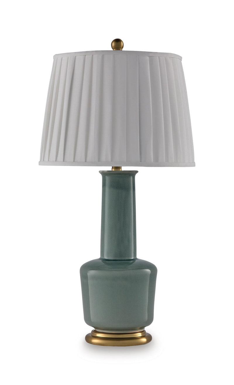 Teal ceramic table lamp with pleated white shade and gold trim