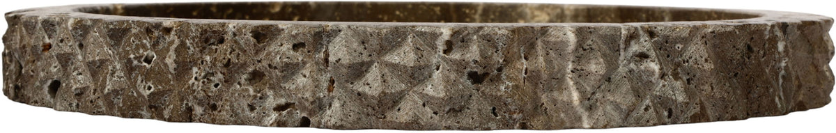 Gray travertine tray side profile with thick rim and scalloped outer edge.