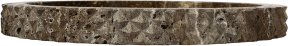 Gray travertine tray side profile with thick rim and scalloped outer edge.