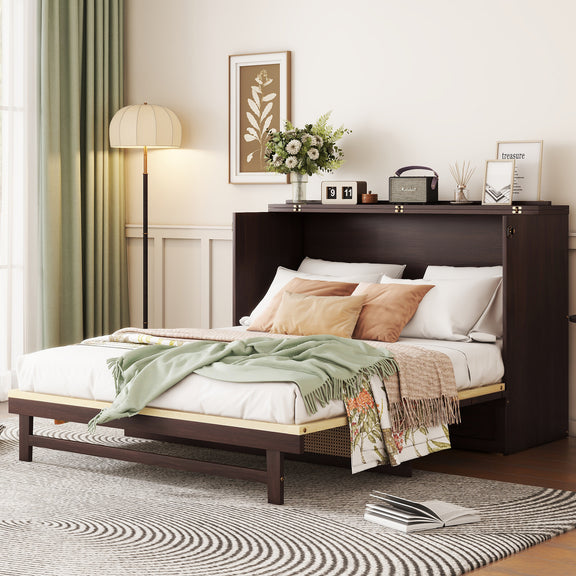 Espresso queen-size Murphy bed with dark wood cabinet base and storage drawer