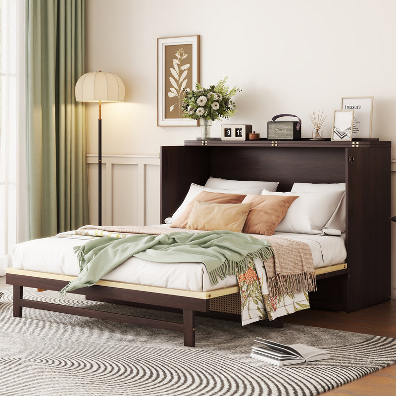 Espresso queen-size Murphy bed with dark wood cabinet base and storage drawer